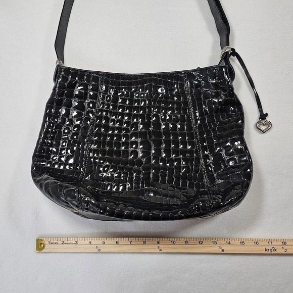 Brighton Black Croc Embossed Patent Leather Shoulder Bag Hobo Silver Tone - Picture 7 of 16